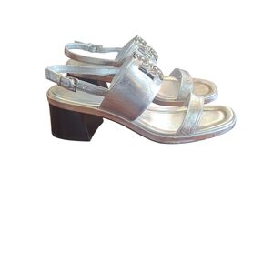 Tory Burch Silver Metallic Block Heel Slingback Sandals
